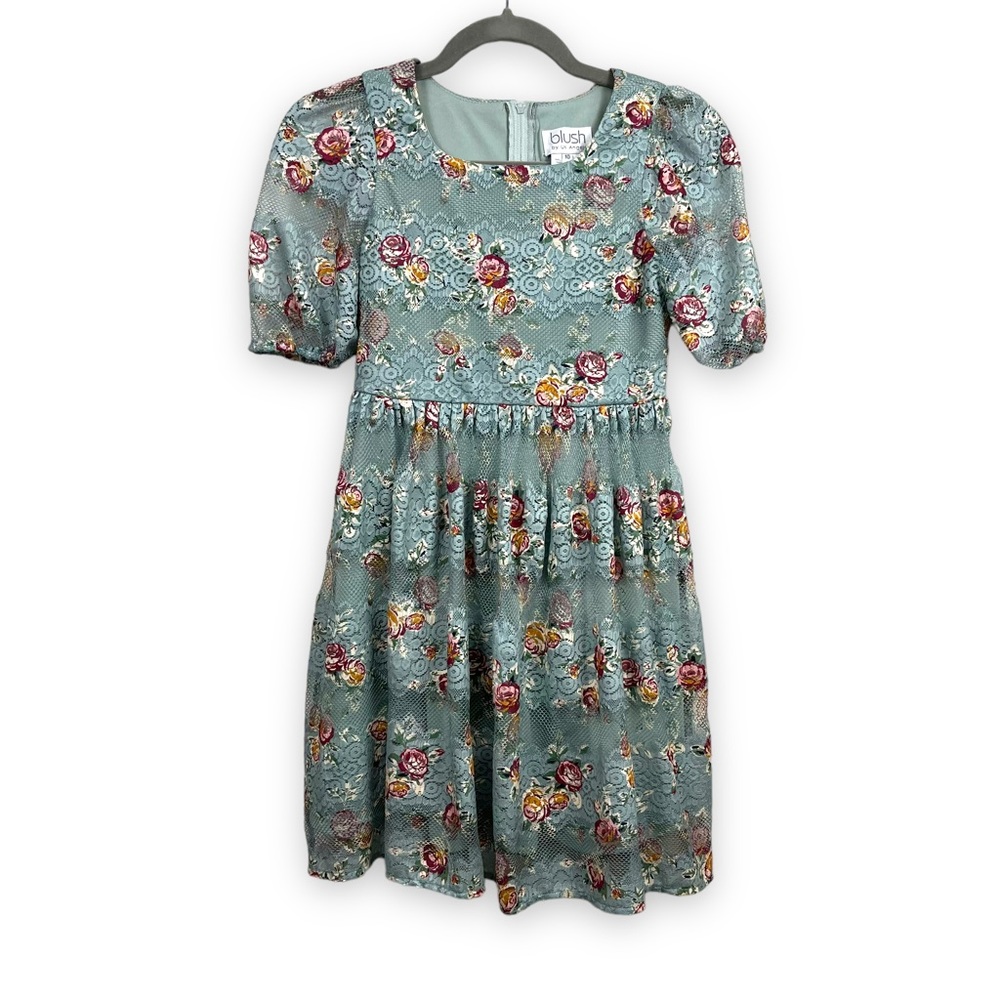 Blush by Us Angels Floral Lace Puff Sleeve Dress Aqua Sea Green Size 10
